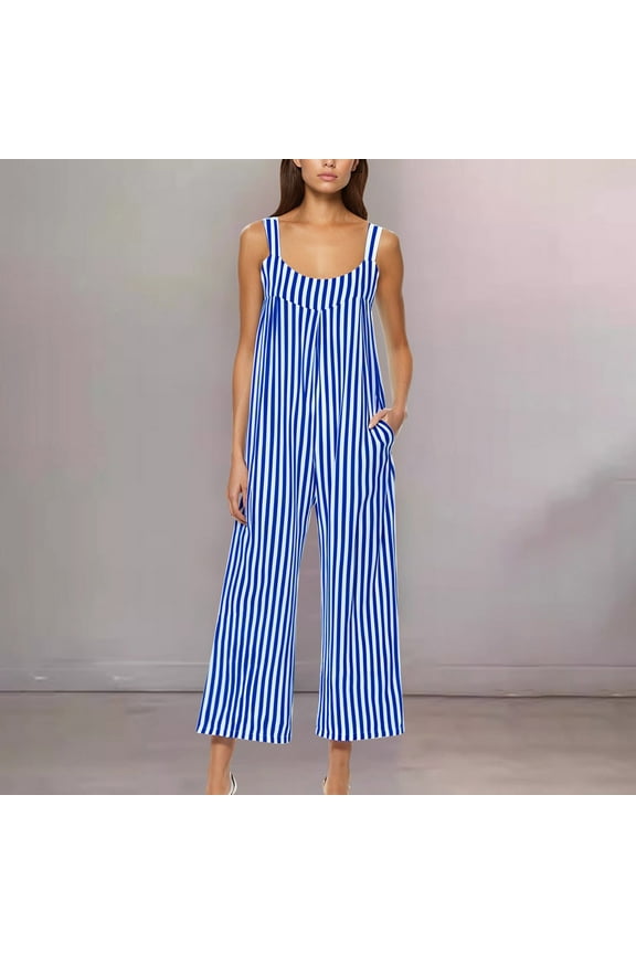 Women's Overalls in Linen,Womens Fashion Summer Stripe Print Casual Sleeveless Suspender Jumpsuit Blue M