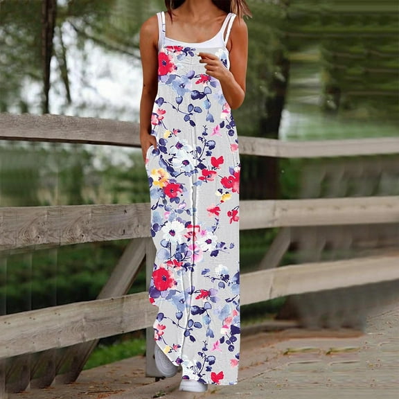 LEBONYARD Women's Overalls in Long Line,Women's Casual Sleeveless Strap Printed Spaghetti High Waist Wide Leg Jumpsuit Rompers with Pocket White XXL