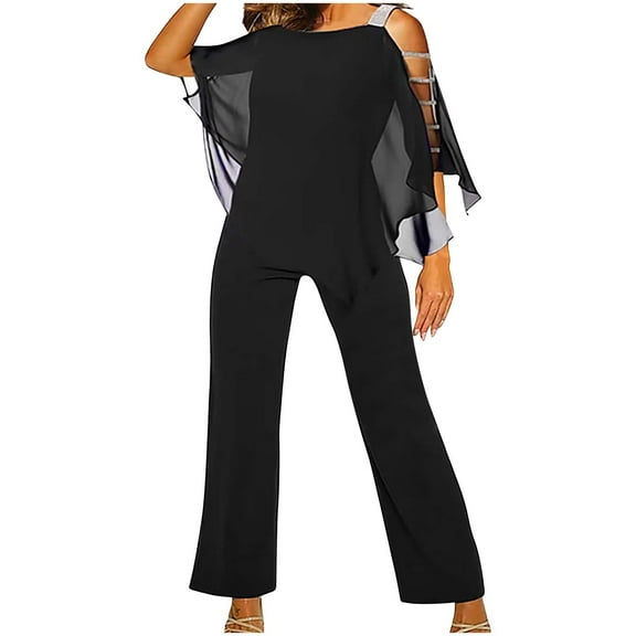 LEBONYARD Women's Overalls in Loose Fit,Women's Fashionable Solid Color Irregular Off Shoulder Jumpsuit Flared Pants Black S