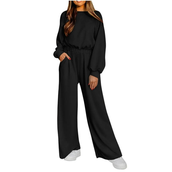 LEBONYARD Women's Overalls in Loose Fit with Pockets,Women Round Neck Button Solid Color Long Sleeves Elastic Waist Jumpsuit Black XL