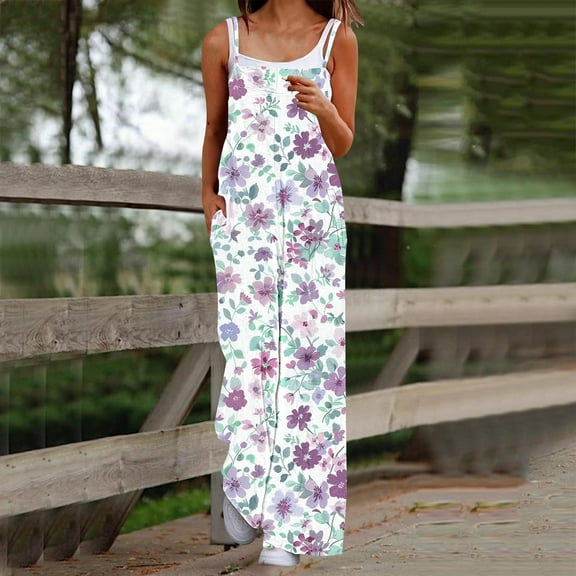 LEBONYARD Women's Overalls in Solid Color,Women's Casual Sleeveless Strap Printed Spaghetti High Waist Wide Leg Jumpsuit Rompers with Pocket White S