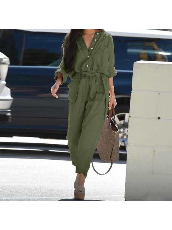 Women's Overalls in Solid Color with Pockets,Women's Spring and V-Neck Solid Color Sleeve Pocket Belt Button Cargo Jumpsuit Green S