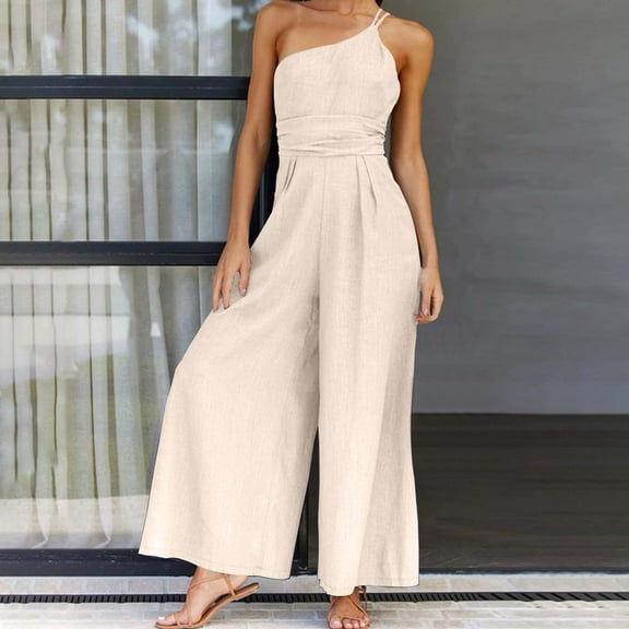 LEBONYARD Women's Overalls in Stretchy Fabric,Women's Solid Color Zipper One Shoulder Sling Jumpsuit Long Pants Beige M