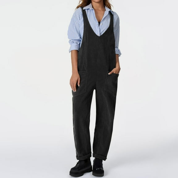 LEBONYARD Women's Overalls with Cut-Out Details,Women's Winter Solid Color V-Neck Pocket and Fleece Romper Suspenders Black S