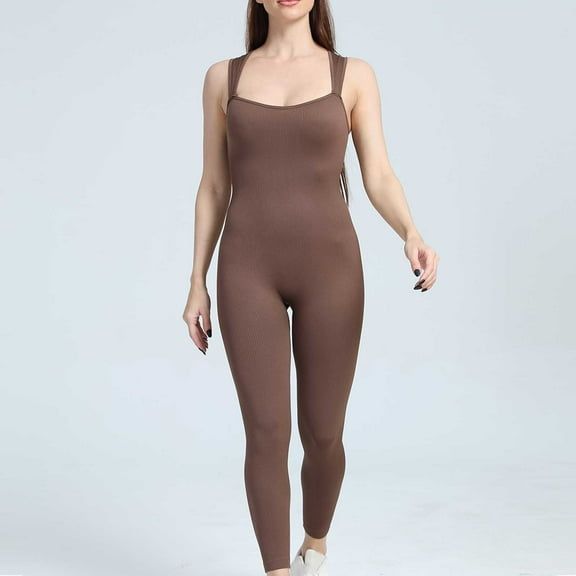 LEBONYARD Women's Overalls with Cut-Outs,Women Fashion Fallow Solid Color Yoga Jumpsuit Pants Brown S