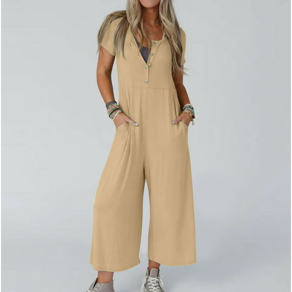 LEBONYARD Women's Overalls with V-Neck Design,Women's Solid Color Short-Sleeved Casual Wide-Leg Jumpsuit with Button Pockets Beige M
