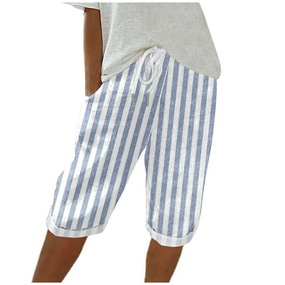 LEBONYARD Women's Oversized Capris Loose,Fashion Womens Casual Stripe Elastic Loose Shorts Straight Wide Leg Trousers with Pocket Half Shorts Pants Light Blue XL
