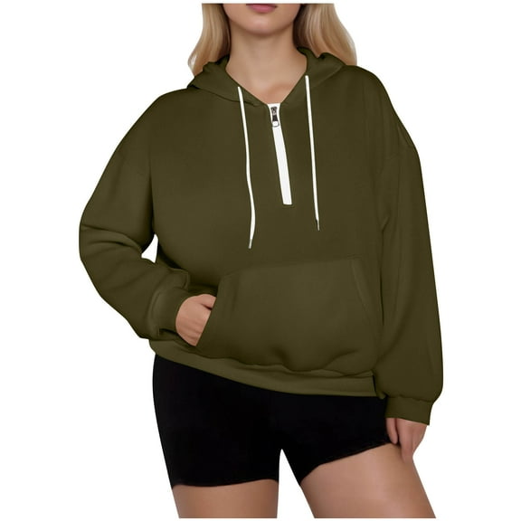 LEBONYARD Women's Oversized Fashion Round Neck Drawstring Hooded Half Zipper Sweatshirts Casual Solid Color Pocket Solid Color Plus Size Sweatshirts