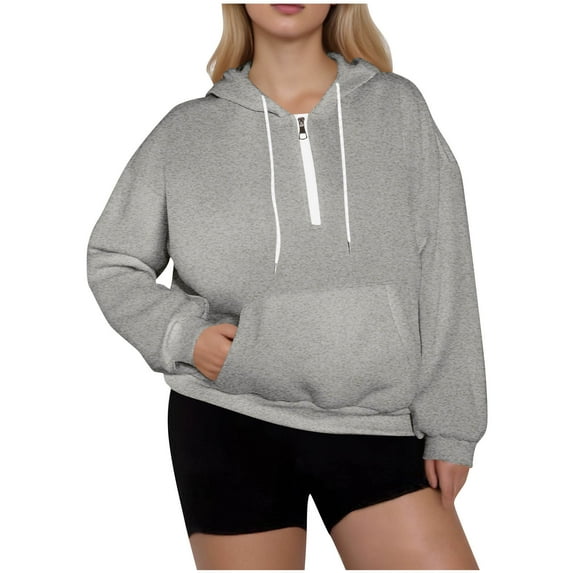 LEBONYARD Women's Oversized Fashion Round Neck Drawstring Hooded Half Zipper Sweatshirts Casual Solid Color Pocket Solid Color Plus Size Sweatshirts