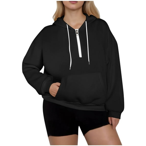LEBONYARD Women's Oversized Fashion Round Neck Drawstring Hooded Half Zipper Sweatshirts Casual Solid Color Pocket Solid Color Plus Size Sweatshirts