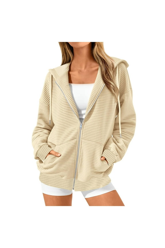 Women's Oversized Hooded with Elastic Drawstring Full Zipper Long Sleeve Casual Solid Loose Fit Pocket Outwear Sweatshirts