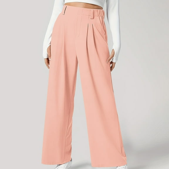 LEBONYARD Women's Pants Elastic Waist,Women' High Waist Wide Leg Casual Pleated Side Pocket Casual Pants Pink M