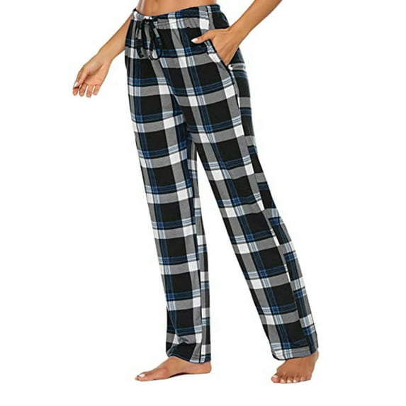LEBONYARD Women's Pants Elastic Waist,Womens Casual Comfortable Plaid Prints Pajamas Wide Leg Pants Long Yoga Pants Black S