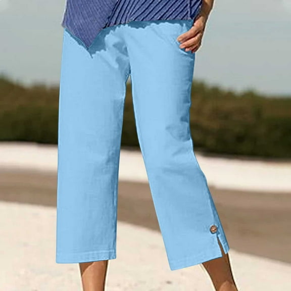 LEBONYARD Women's Pants Elastic Waist,Womens Pants Plus Size Clerance $5,Women's Spring and Solid Color Elastic Waist Cotton Linen Versatile Straight Tube Casual Wide Leg Pants Sky Blue L