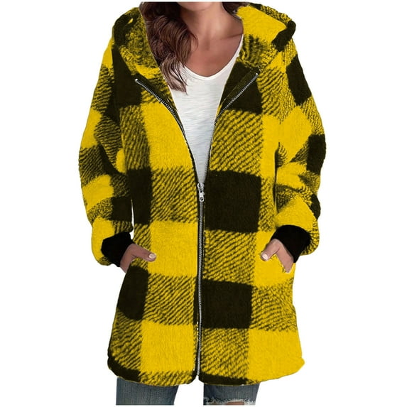 LEBONYARD Women's Plaid Overcoat with Full Zipper Long Sleeve Hoodie Pocket Loose Fit 2025 Fall Winter Outwear