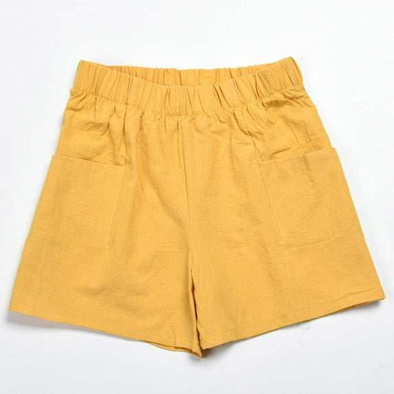 LEBONYARD Women's Plus Running Shorts,Women's Shorts in Lightweight and Comfortable Fabrics,Women's Solid Cotton Wrinkled Thin Wide Leg High Waist Loose Casual Shorts Yellow XXL