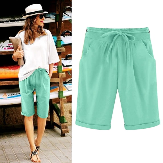 LEBONYARD Women's Plus Running Shorts,Women's Shorts with a Trendy Pattern,Women's Summer Elastic Waist Drawstring Side Pocket Solid Color Short Pants 5/4 Mint Green M
