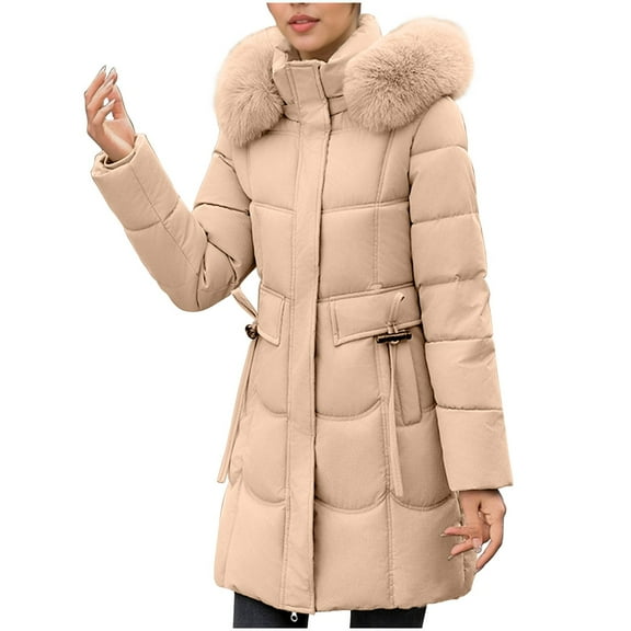 LEBONYARD Women's Trendy Plus Size Zipper Plush Hooded Stand Collar Solid Colored Long Sleeve Long Length Loose Warm Fit Outerwear Puffer Jacket