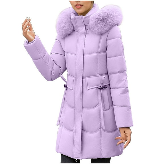 LEBONYARD Women's Trendy Plus Size Zipper Plush Hooded Stand Collar Solid Colored Long Sleeve Long Length Loose Warm Fit Outerwear Puffer Jacket