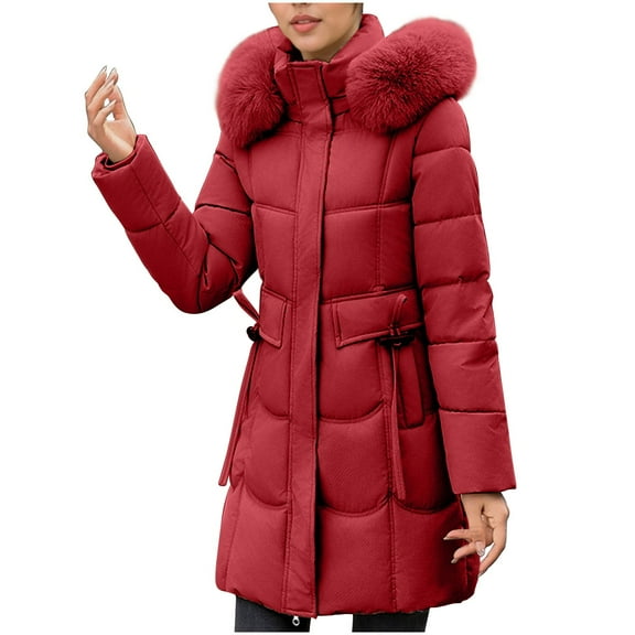 LEBONYARD Women's Trendy Plus Size Zipper Plush Hooded Stand Collar Solid Colored Long Sleeve Long Length Loose Warm Fit Outerwear Puffer Jacket