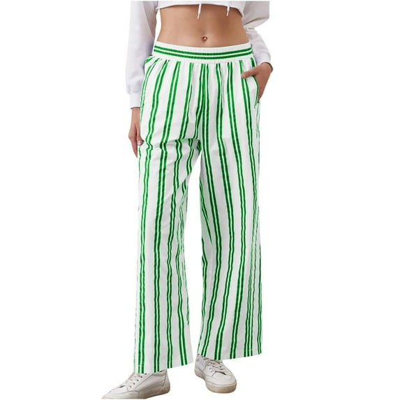 LEBONYARD Women's Plus Size Jegging,Pants for Women Flowy Casual Drawstring Waist Wide Leg,Women's Summer High Waisted Wide Leg Pants Stripe Matching Yoga Gym Long Pants Green XXL