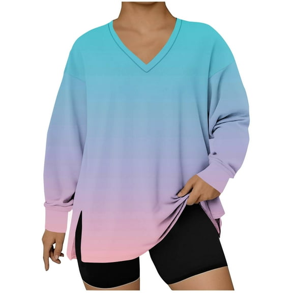 LEBONYARD Women's Plus Size V-Neck Pullover Long Sleeve Casual Gradient Fashion Hem Slit Top