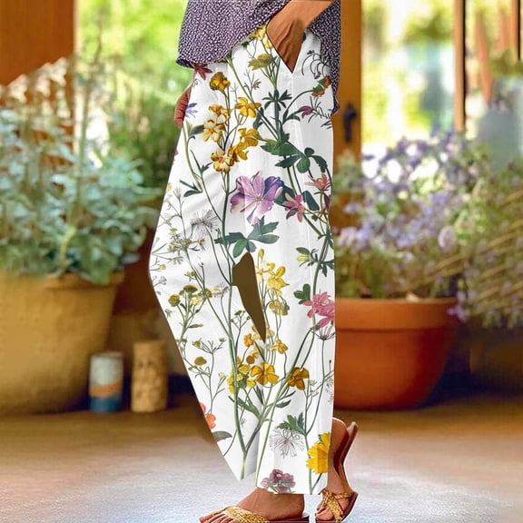 LEBONYARD Women's Plus Wrinkle Free Relaxed Fit Straight Leg Pant,Pants for Women Flowy Drawstring Waist Wide Leg,Women's Printed Elasticated Waist Full Length Pants Nine-Point Pants Multicolor L