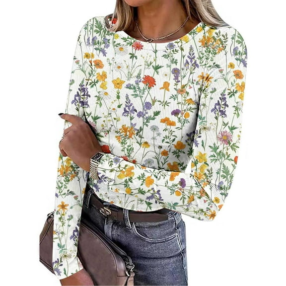 LEBONYARD Women's Round Neck Fashion Printing Long Sleeve Casual Loose Fit Tops