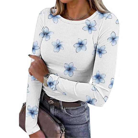 LEBONYARD Women's Round Neck Fashion Printing Long Sleeve Casual Loose Fit Tops