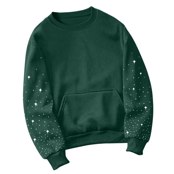LEBONYARD Women's Round Neck Star Printing Loose Fit Long Sleeve Sweatshirts Casual Pocket Tops