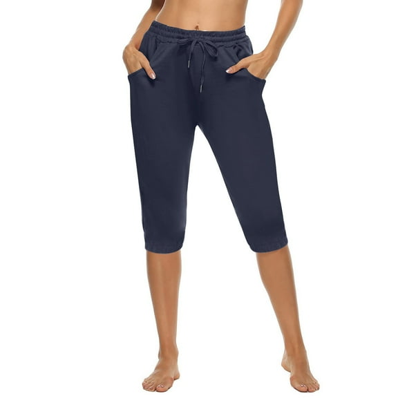 LEBONYARD Women's Seamless Capris No Ride,Women's Yoga Pants Loose Soft Drawstring Workout Sweatpants Outdoor Causal Pants with Pockets Navy XXXL
