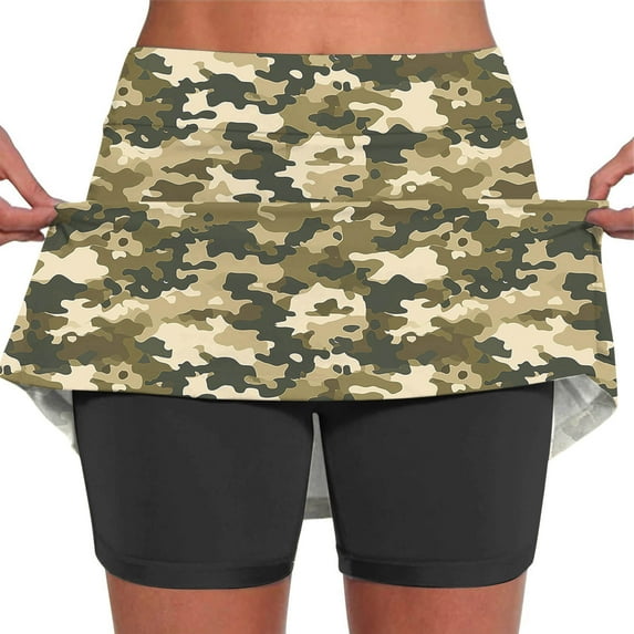 LEBONYARD Women's Seamless Comfort Yoga Skort,Women's Summer Camouflage Print Pleated Tennis Skirts Stretchy Yoga Fake Two Piece Shorts Skirt Camouflage S
