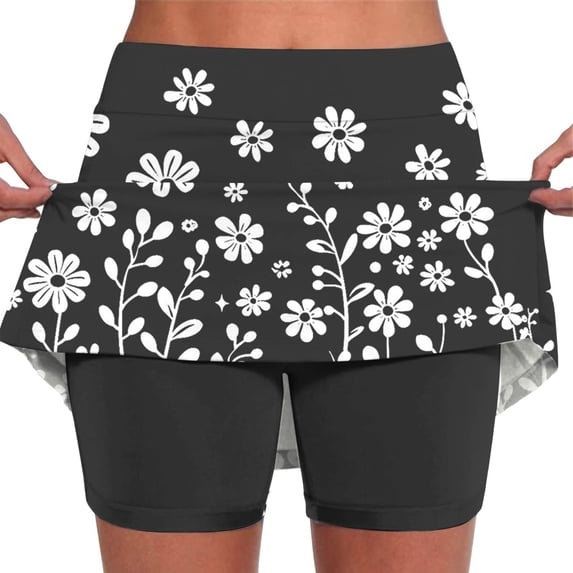 LEBONYARD Women's Seamless Yoga Skort,Women's Summer Flower Print Pleated Tennis Skirts Stretchy Yoga Fake Two Piece Shorts Skirt Black M