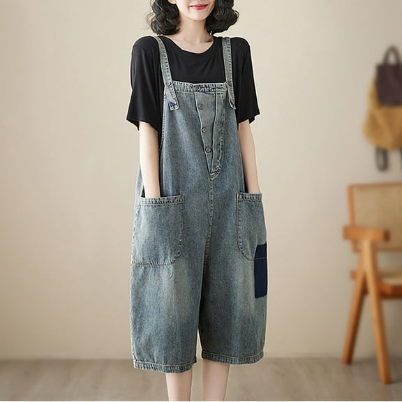 LEBONYARD Women's Shorts in Fashionable Styles,Women's Denim Jumpsuit Double Pocket Loose Casual Jumpsuit Shorts Strap Pants
