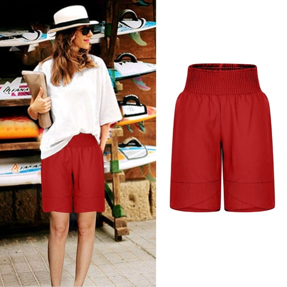 LEBONYARD Women's Shorts with a Unique Style,Women's Fashionable Solid Color Three Way Pants with Drawstring Shorts Red L
