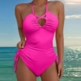 thumbnail image 1 of LEBONYARD Women's Side-Tie One-Piece Bathing Suit，Women Solid Color Backless Strap Bikini Swimsuit Pink L, 1 of 3