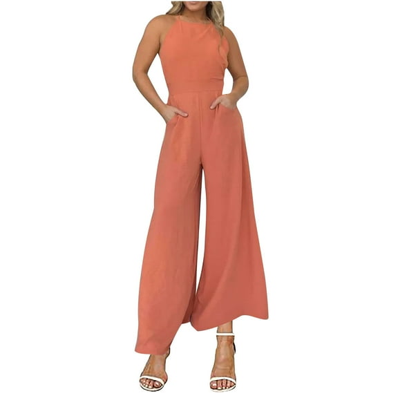 LEBONYARD Women's Slim Cropped Jumpsuits-Ankle Length Style,Women's Loose Summer Casual Flat Shoulder Wrapped Chest Wide Leg Jumpsuit Orange XXL