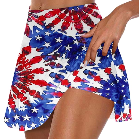 LEBONYARD Women's Soft Yoga Skirt Shorts,Women's Summer Independence Day Pleated Tennis Skirts Stretchy Short Yoga Fake Two Piece Trouser Skirt Shorts Blue L