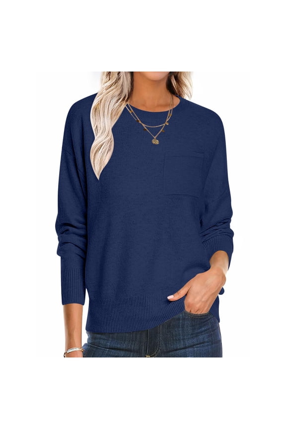 Women's Solid Sweaters with Chest Pocket Crew Neck Pullover Casual Tops Long Sleeve Lightweight 2025 Fall Fashion Sweater
