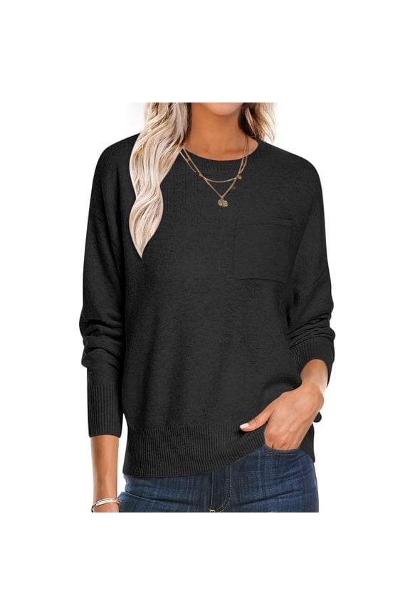 Women's Solid Sweaters with Chest Pocket Crew Neck Pullover Casual Tops Long Sleeve Lightweight 2025 Fall Fashion Sweater