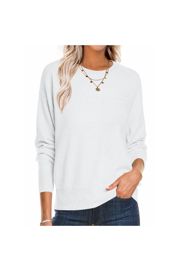 Women's Solid Sweaters with Chest Pocket Crew Neck Pullover Casual Tops Long Sleeve Lightweight 2025 Fall Fashion Sweater