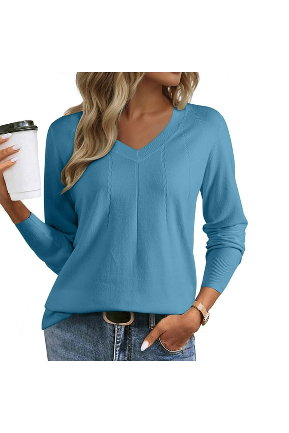 Women's Trendy V Neck Solid Colored Chic Striped Pullover Sweaters Casual Long Sleeve Lightweight Casual Fall Winter Warm Fitting Sweater