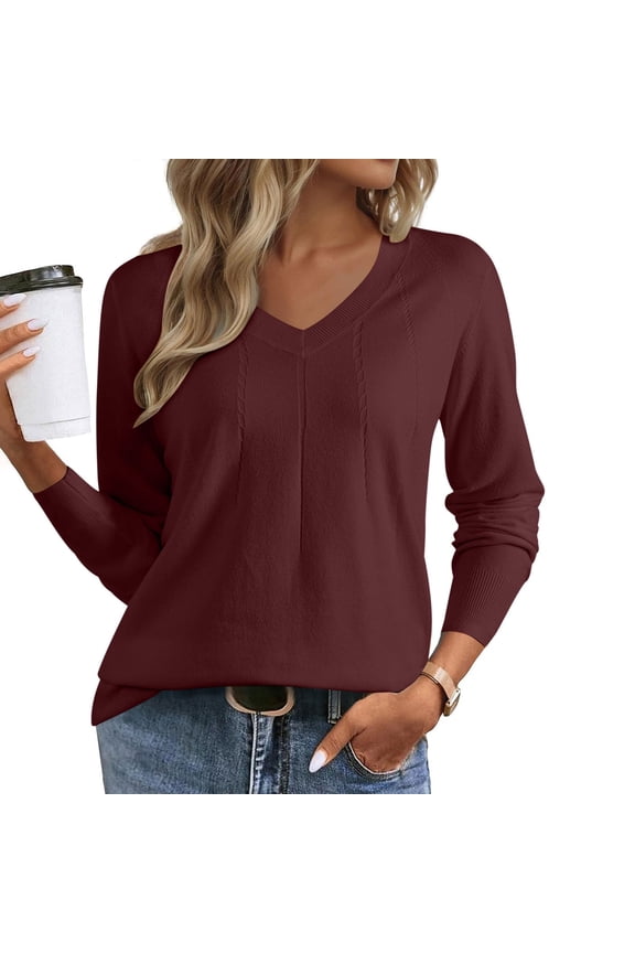 Women's Trendy V Neck Solid Colored Chic Striped Pullover Sweaters Casual Long Sleeve Lightweight Casual Fall Winter Warm Fitting Sweater