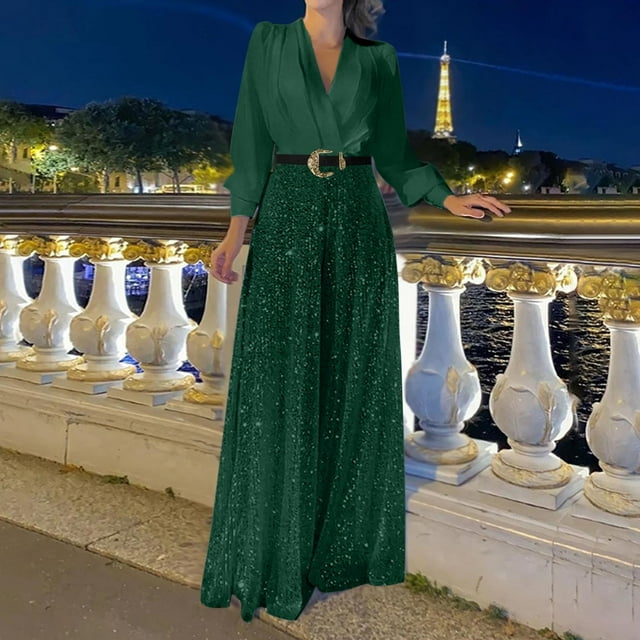 LEBONYARD Women's Strap Pants,Woman Fashion Sequin Solid Color Splice V- Sleeve Long Sleeve Jumpsuit Long Pants Green XXL