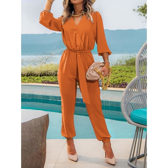 LEBONYARD Women's Strap Pants in Fitted Cut,Women's Solid Color-Neck Drawstring Tie Sleeve Jumpsuit Pants Orange M