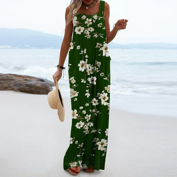 LEBONYARD Women's Strap Pants in Linen Material,Women's Printed Jumpsuit Casual Button Pocket Sleeveless Wide Leg Trousers Green XXL