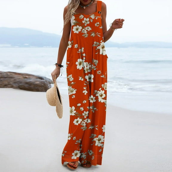 LEBONYARD Women's Strap Pants in Long Length,Women's Printed Jumpsuit Casual Button Pocket Sleeveless Wide Leg Trousers Orange XXL