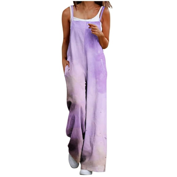 LEBONYARD Women's Strap Pants in Stylish Design,Women Fashion Casual Loose Printed Pockets Sleeveless Back Strap Jumpsuit Purple XL
