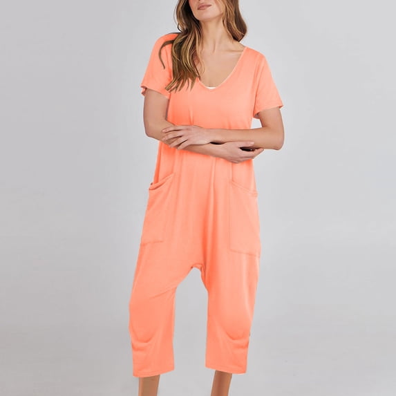 LEBONYARD Women's Strap Pants with Elastic Waist,Fashion Women Casual Short Sleeve Jumpsuit Solid Jumpsuits Wide Pocket Leg Pant Orange XL