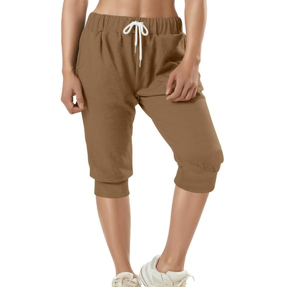 LEBONYARD Women's Stretchy Capris Lounge,Women's Solid Color Shorts Casual Women's Shorts Capris Coffee S